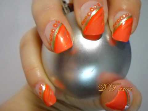 Orange Diagonal And Dots Design Nail Art With Tutorial Video