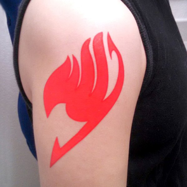 Red Fairy Tail Logo Tattoo On Left Shoulder