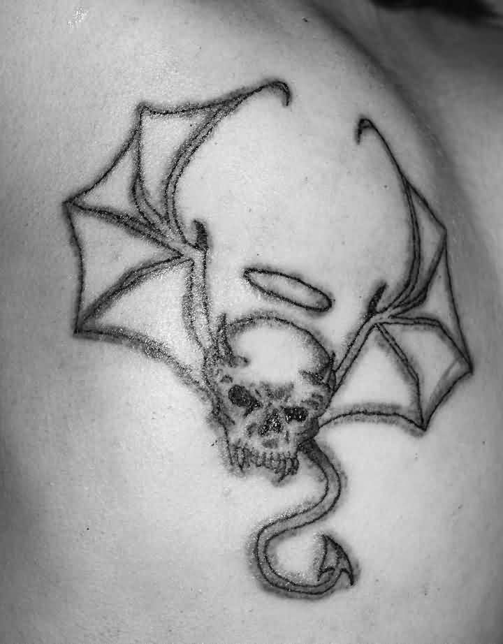 Skull With Bat Wings And Tail Tattoo