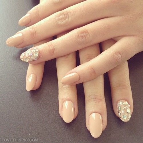 Beige Nail Art With Diamonds Design