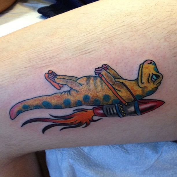 Cartoon Salamander Riding Jet Pack Tattoo