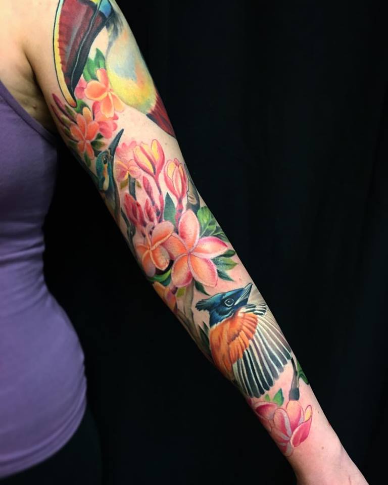 Color Flowers And Bird Tattoo On Sleeve by Melissa Fusco