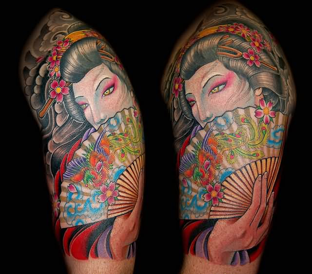 Color Ink Geisha Occupation Tattoo On Half Sleeve