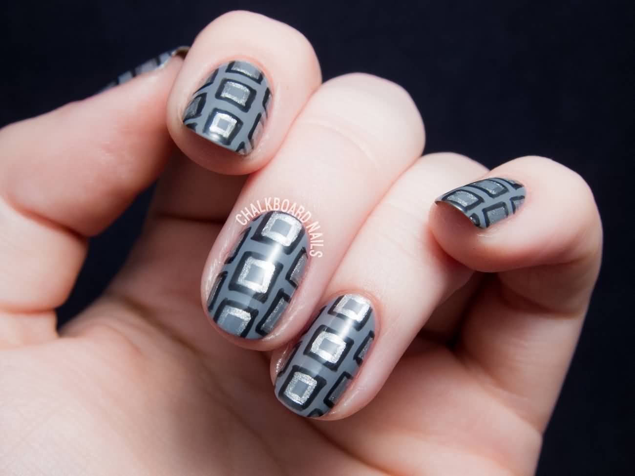 Dark Gray Base With Geometric Design Nail Art