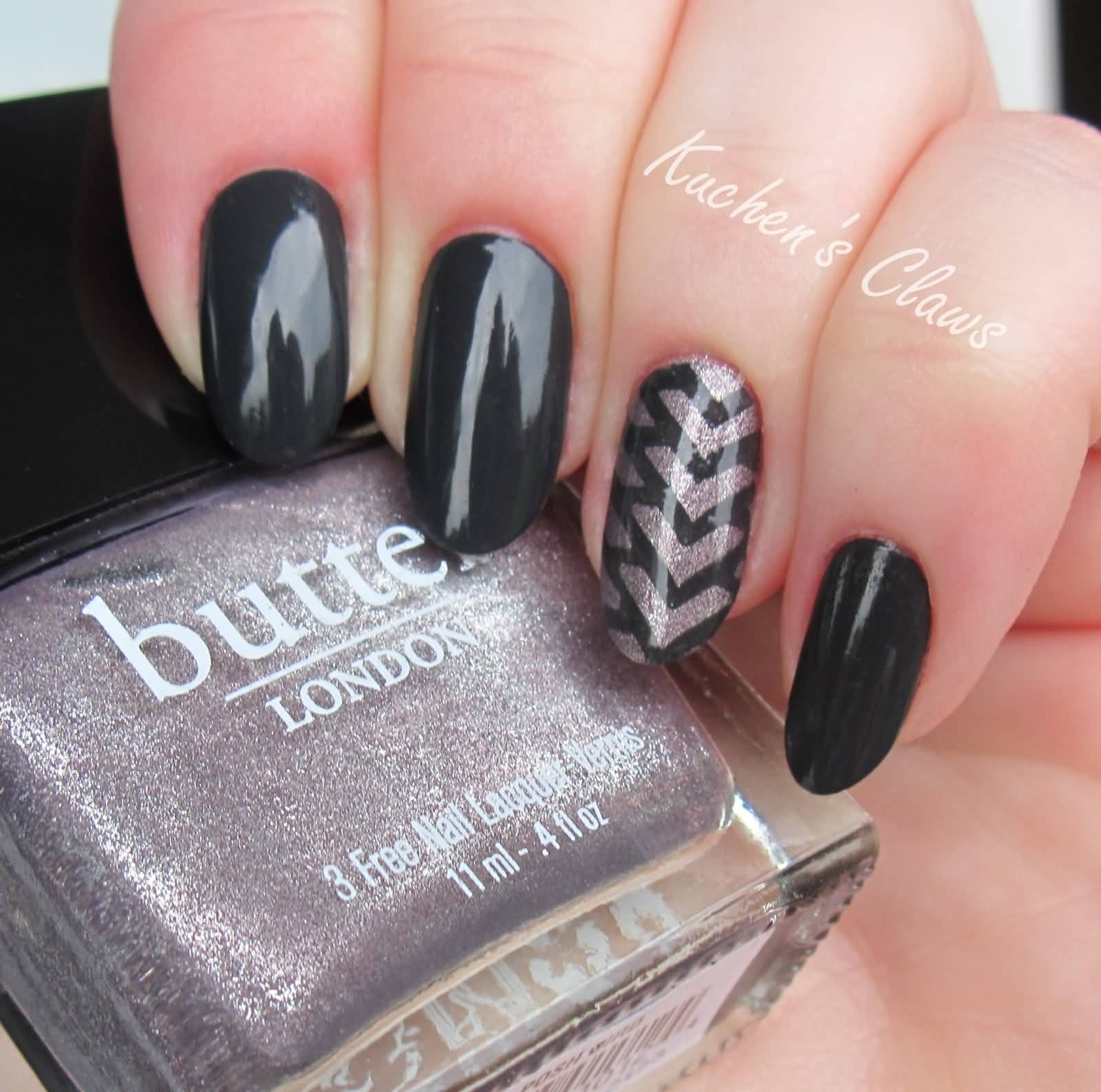 Dark Gray Glossy Nails With Accent Braided Design Idea