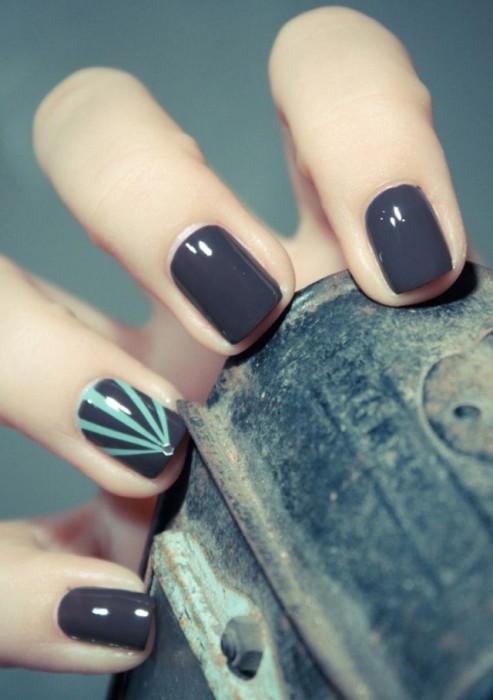 Dark Gray Glossy Nails With Blue Rays Design Nail Art