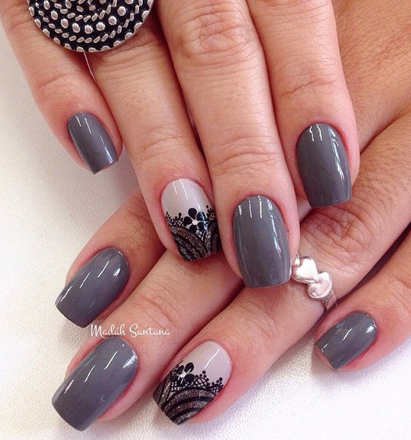 Dark Gray Nails With Black Floral Design Nail Art