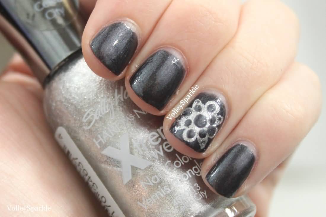 Dark Gray Short Nails With Accent Flower Design Nail Art