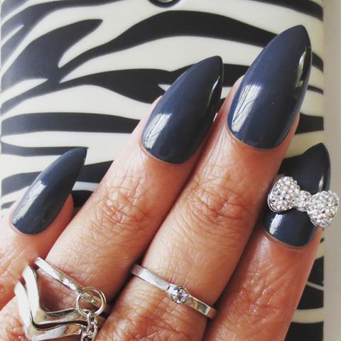 Dark Gray Stiletto Nail Art With Rhinestones 3D Bow Nail Art