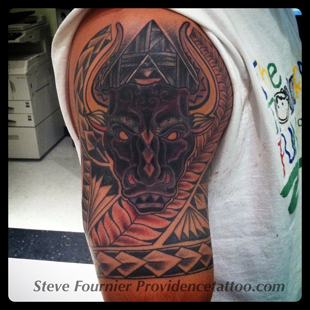 Extreme Bull Tribal Tattoo On Right Half Sleeve