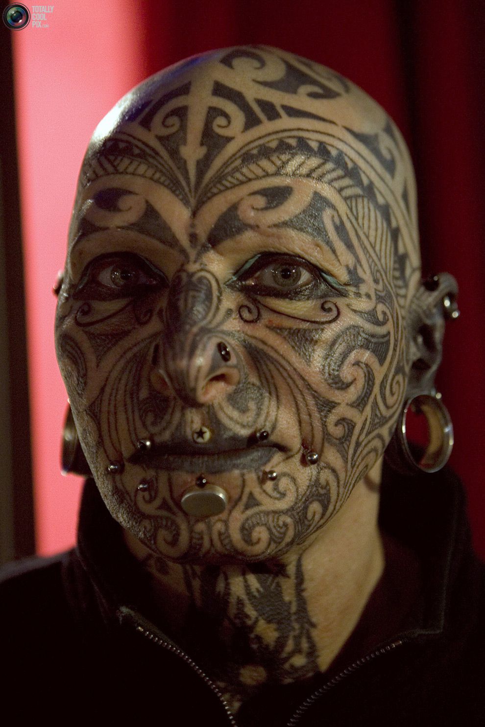 Extreme Tribal Tattoo On Full Head And Face