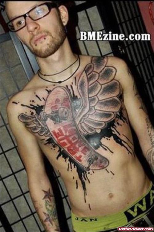 Extreme Winged Skateboard Tattoo On Chest