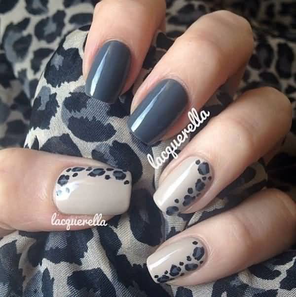 Glossy Dark Gray And Leopard Print Nail Art