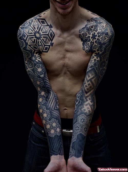 Grey Ink Extreme Geometric Dotwork Tattoo On Sleeve