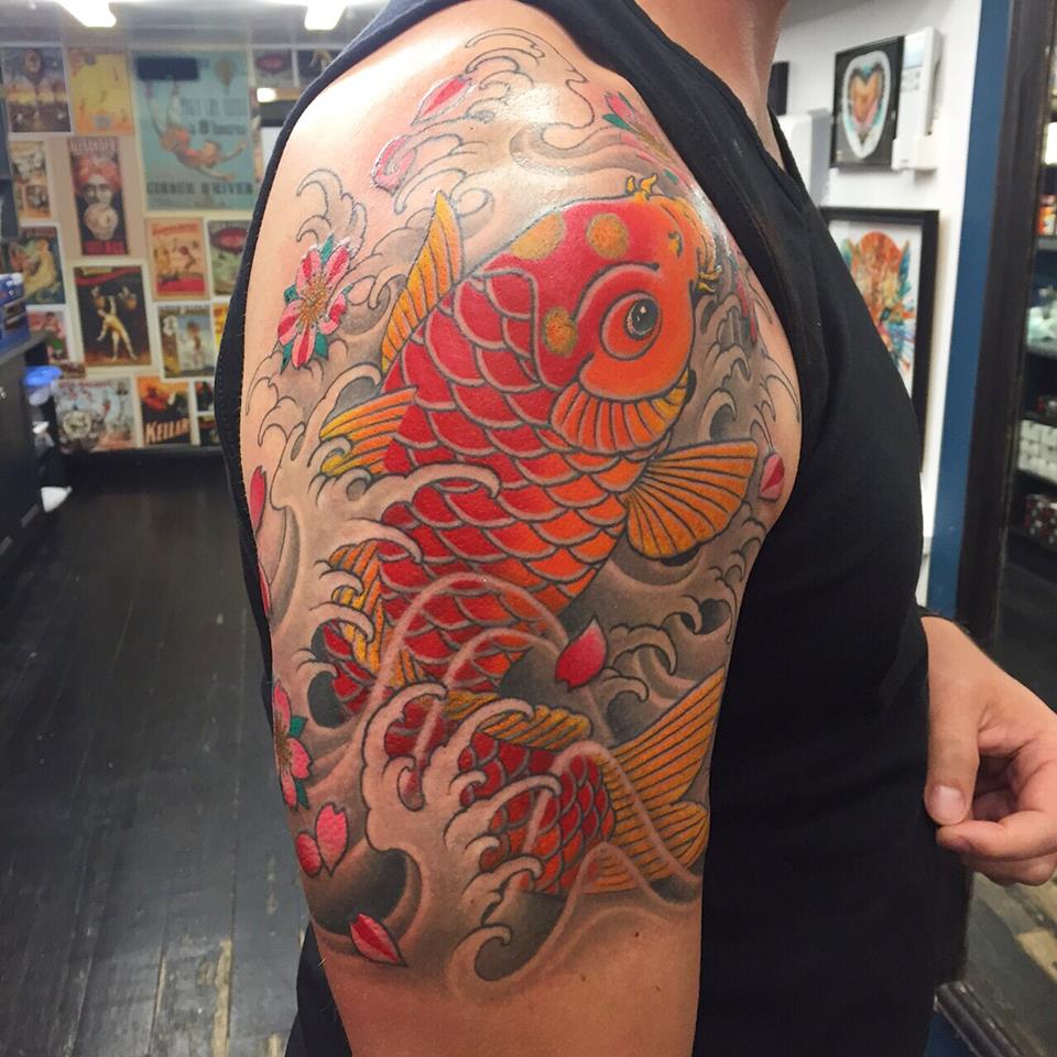 Read Complete Japanese Fish Tattoo On Right Half Sleeve by Chris Garver