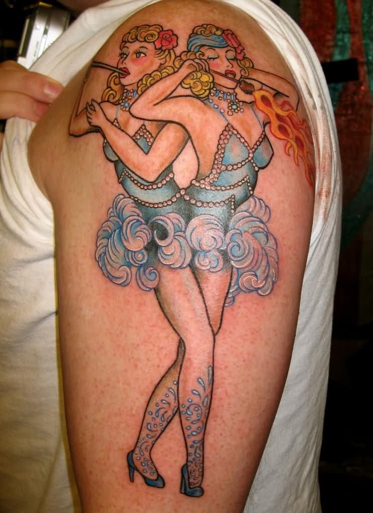 Left Half Sleeve Dancing And Singing Girls Occupation Tattoo