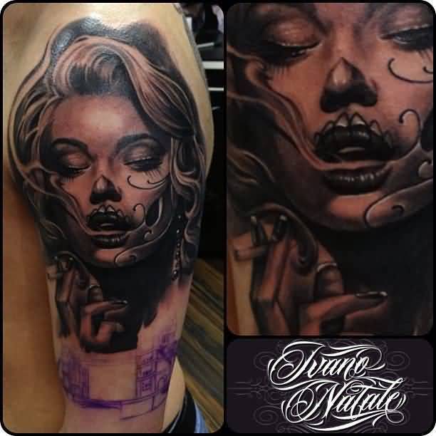 Marvelous Latino Close Eye Tattoo On Left Half Sleeve