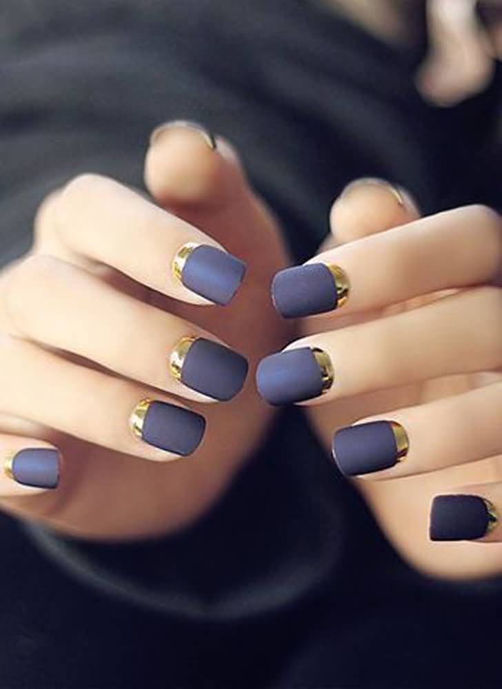 Matte Dark Gray Nails With Gold Reverse French Tip Nail Art