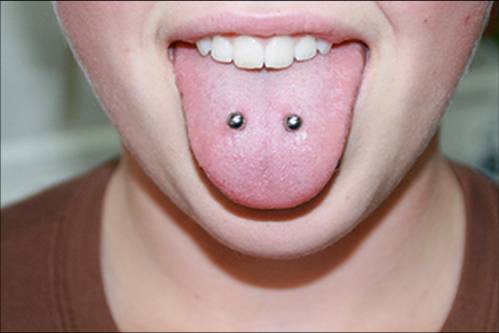 Silver Studs Tongue Rim Piercing Idea