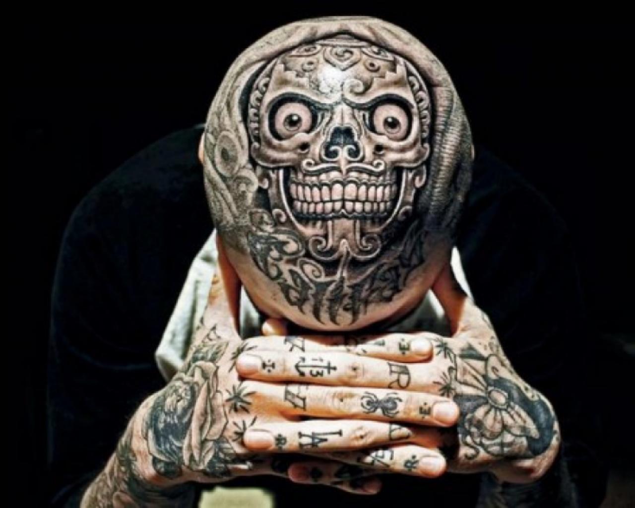 Terrific Black Extreme Tattoo On Head And Body