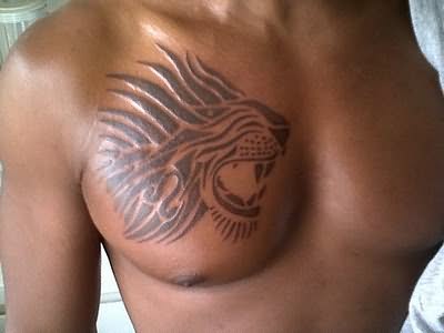 Tribal Lion Face Extreme Tattoo On Chest For Men