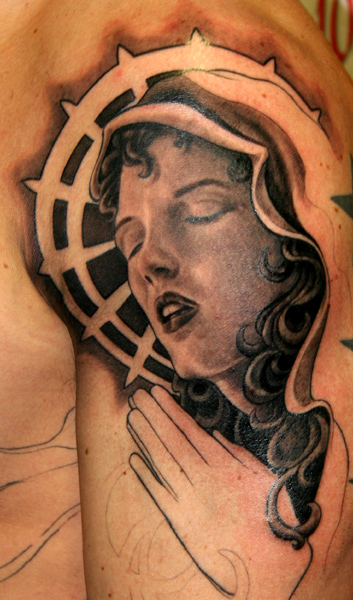 Virgin Mary Latino Tattoo On Shoulder