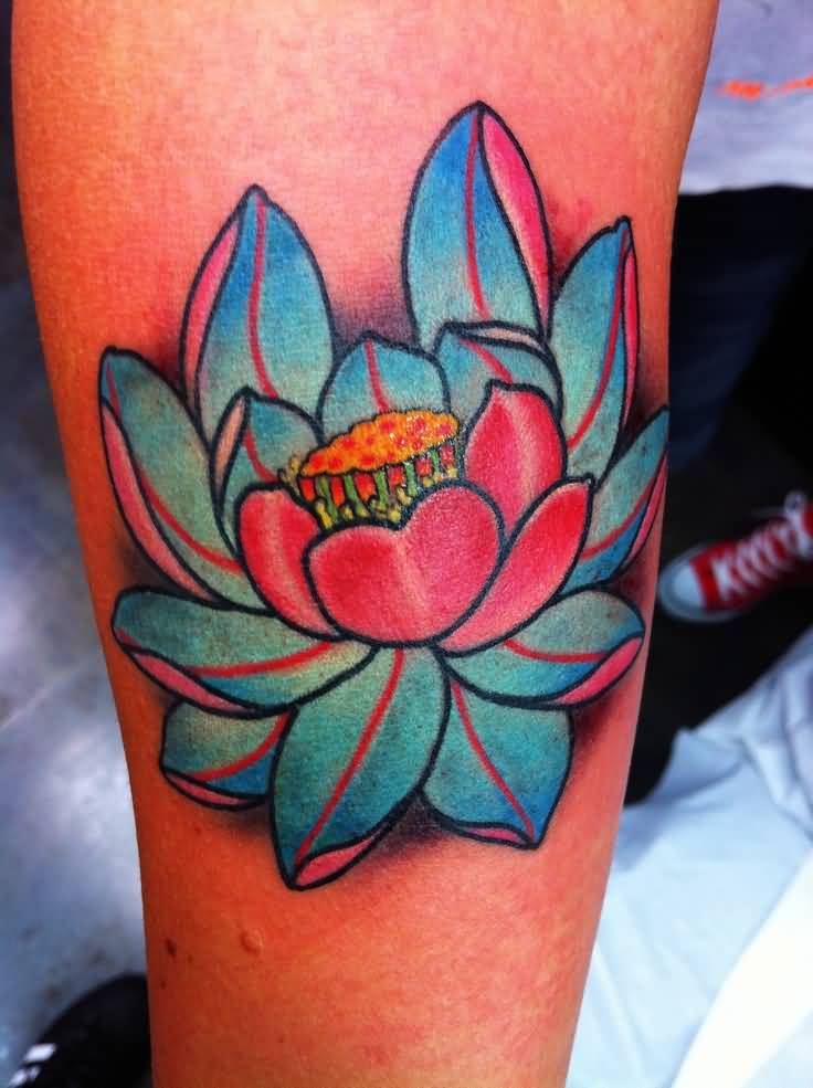 Blue And Pink Ink Lotus Flower Tattoo On Arm by Ami James