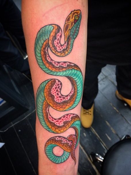 Colored Snake Tattoo On Sleeve by Ami James