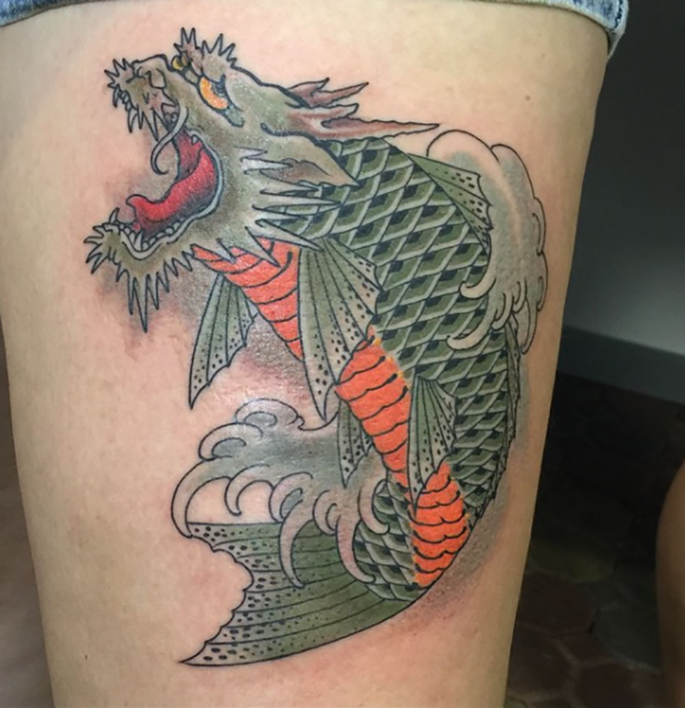 Dragon Fish Tattoo On Side Leg by Ami James