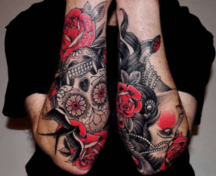 Grey Sugar Skull And Rose Flowers Tattoos On Both Sleeve by Ami James