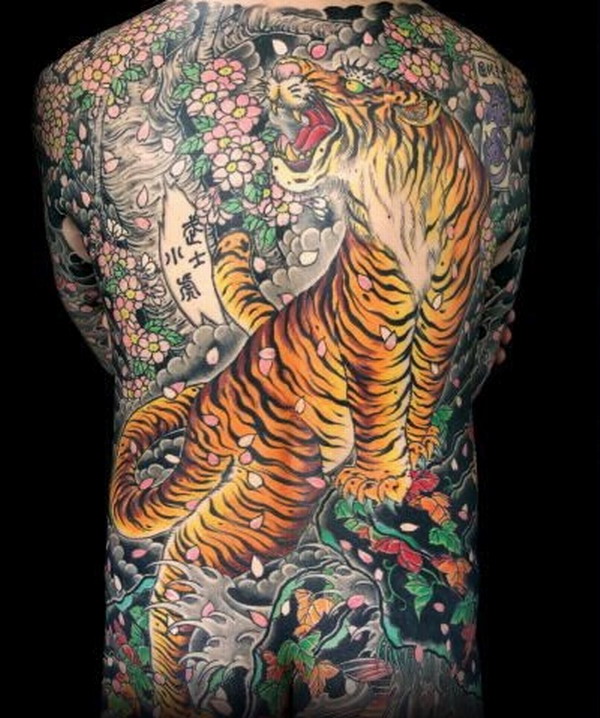 Japanese Flowers And Tiger Tattoo On Full Back