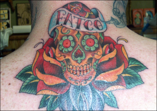 Rose Flowers And Sugar Skull Tattoo On Upper Back by Ami James