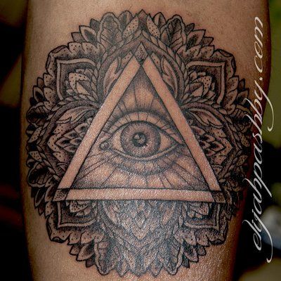 Triangle Eye And Mandala Flower Tattoo On Arm by Chris Nunez