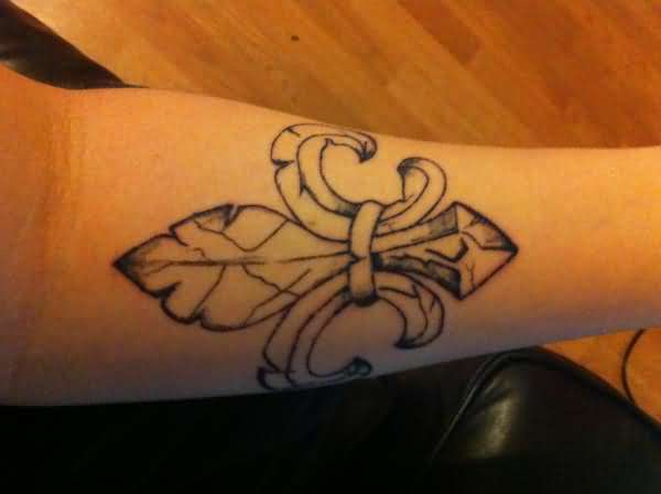 Attractive Grey Fleur De Lis Tattoo On Forearm