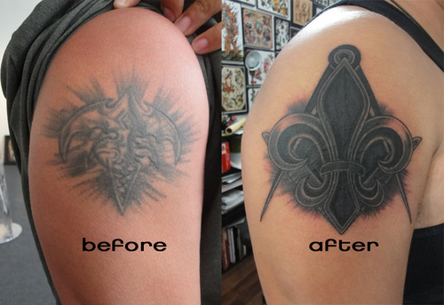 Before And After Fleur De Lis Tattoo On Shoulder