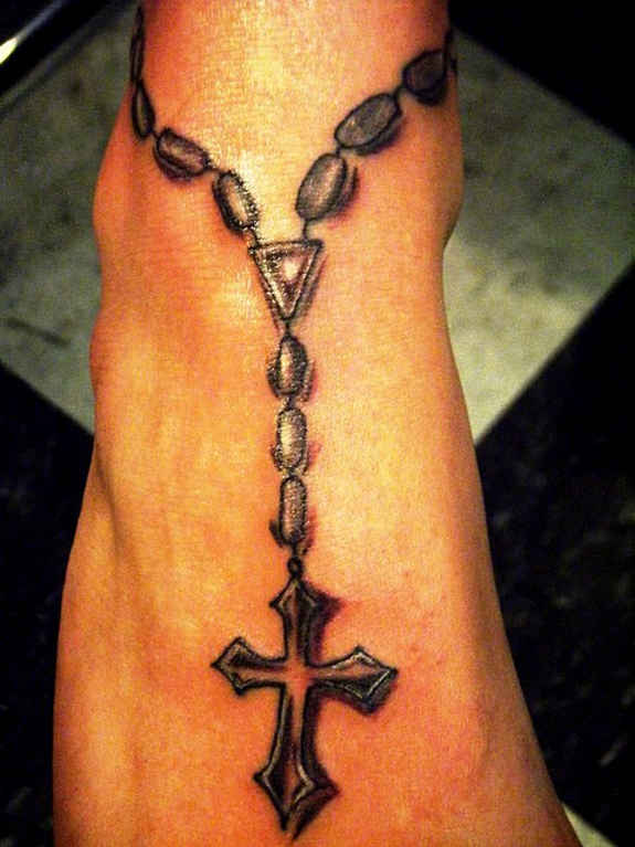 Black Cross Rosary Tattoo On Foot And Ankle