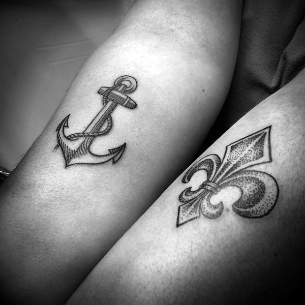 Dotwork Fleur De Lis With Anchor Tattoos On Both Forearms