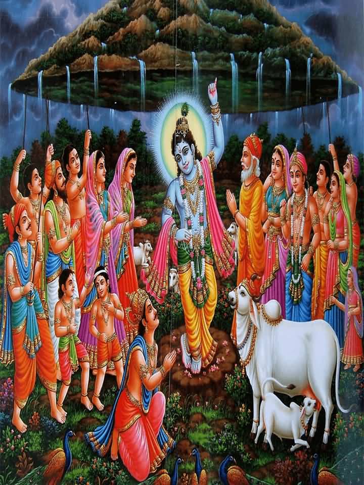 Happy Govardhan Puja Lord Krishna Lifting Govardhan Hill