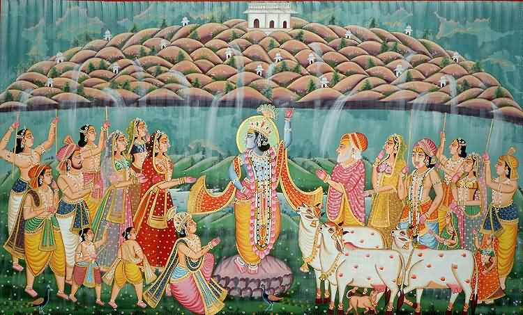 Lord Krishna Lifting Govardhan Hill Happy Govardhan Puja Ancient Picture