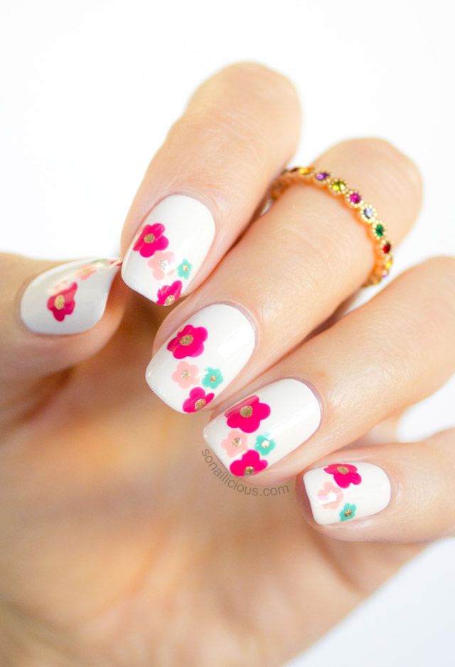 Neon Spring Flowers Nail Art