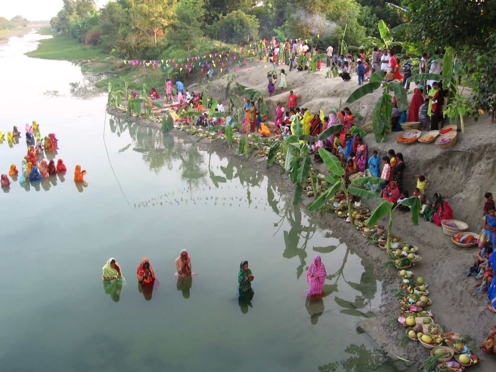 View Of A Ghat In A Village During Chhath Puja Celebration