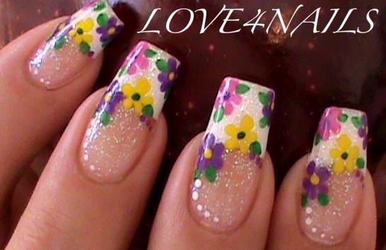 White Tip And Spring Flowers Nail Art