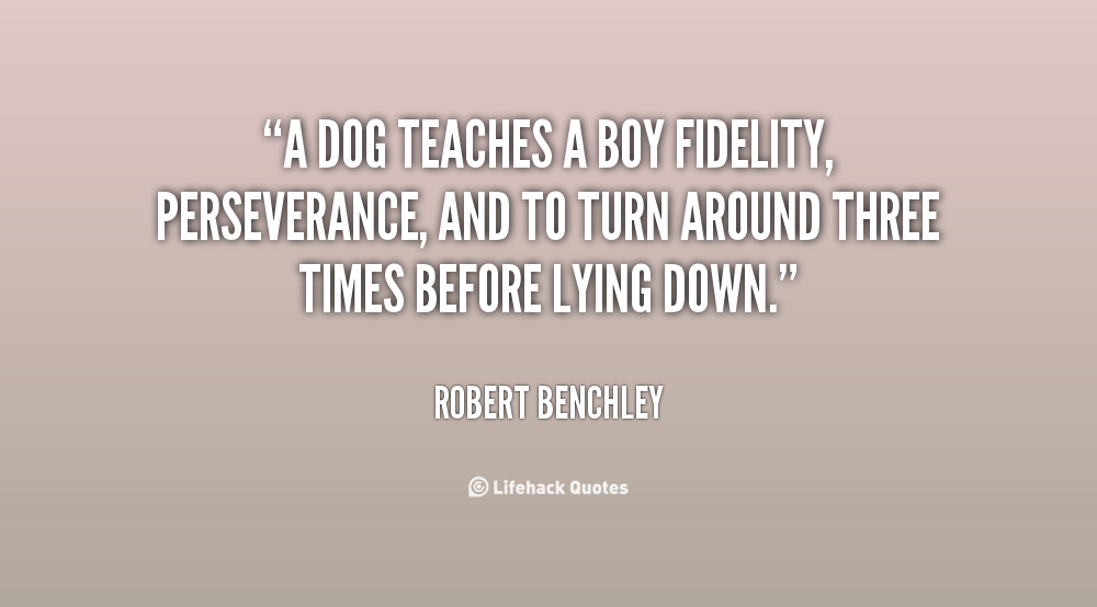 A dog teaches a boy fidelity, perseverance, and to turn around three times before lying down. Robert Benchley