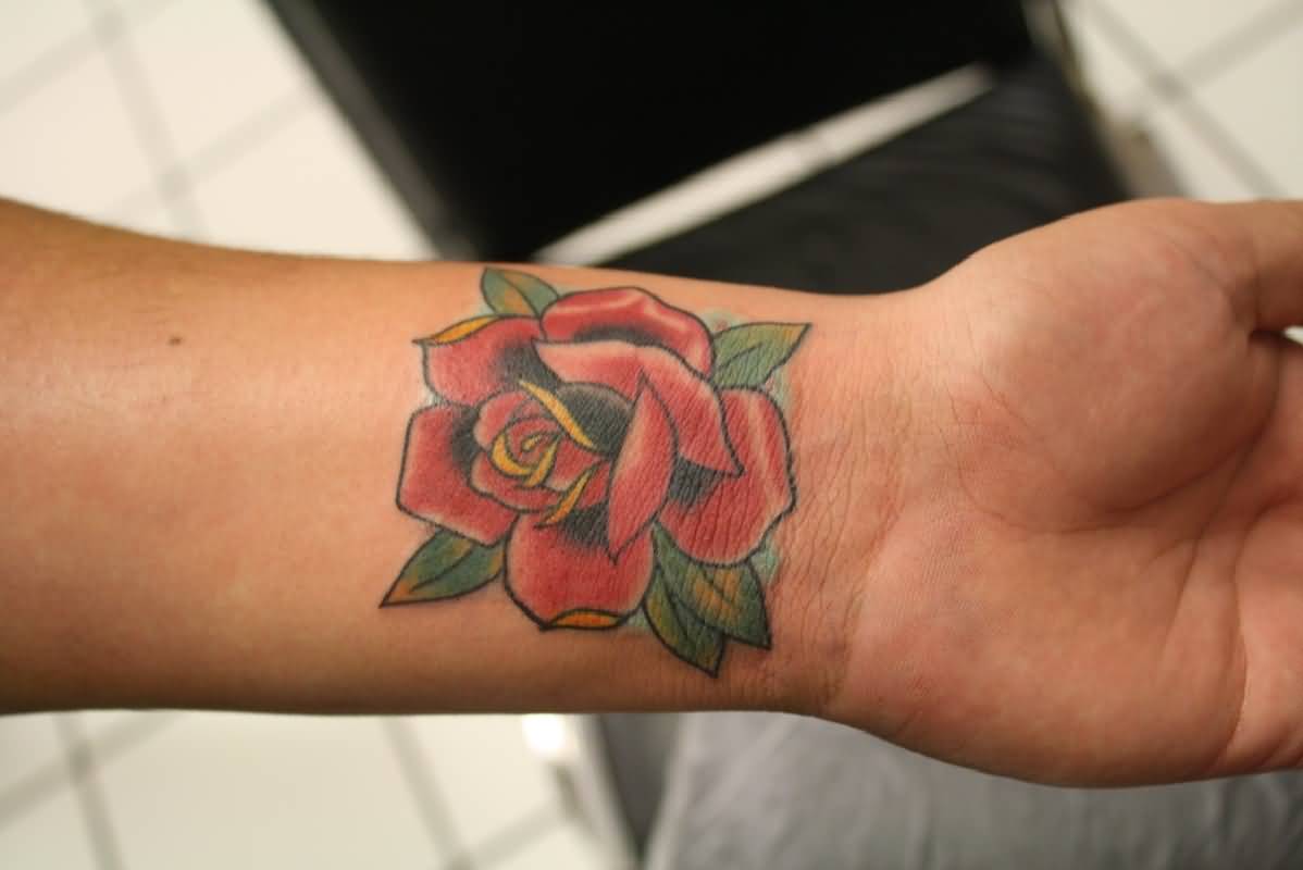 Beautiful Red Rose Flower Tattoo On Wrist