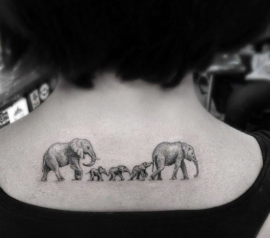 Black And Grey Elephant Family Tattoo On Upper Back