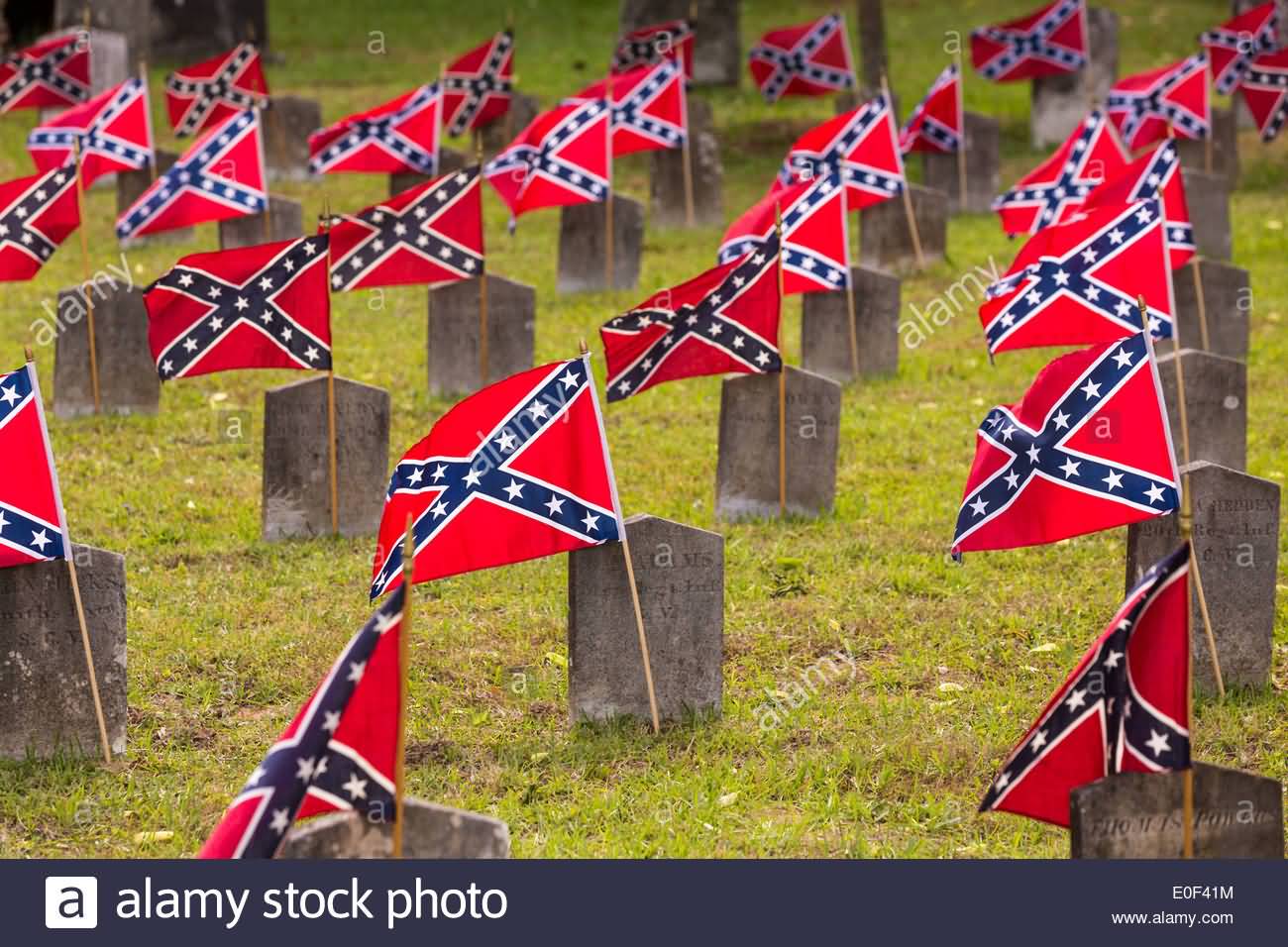 Confederate Rebel Flags Decorate Grave Markers Of Soldiers Killed In The US Civil War During Confederate Memorial Day