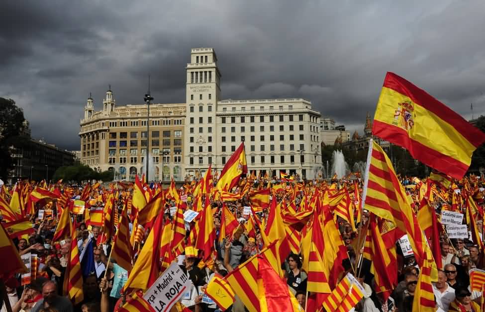 People Of Spain With Flags Celebrating Independence Day