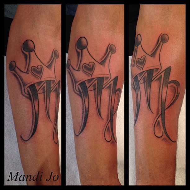 Black Ink Crown On Virgo Zodiac Sign Tattoo Design For Forearm