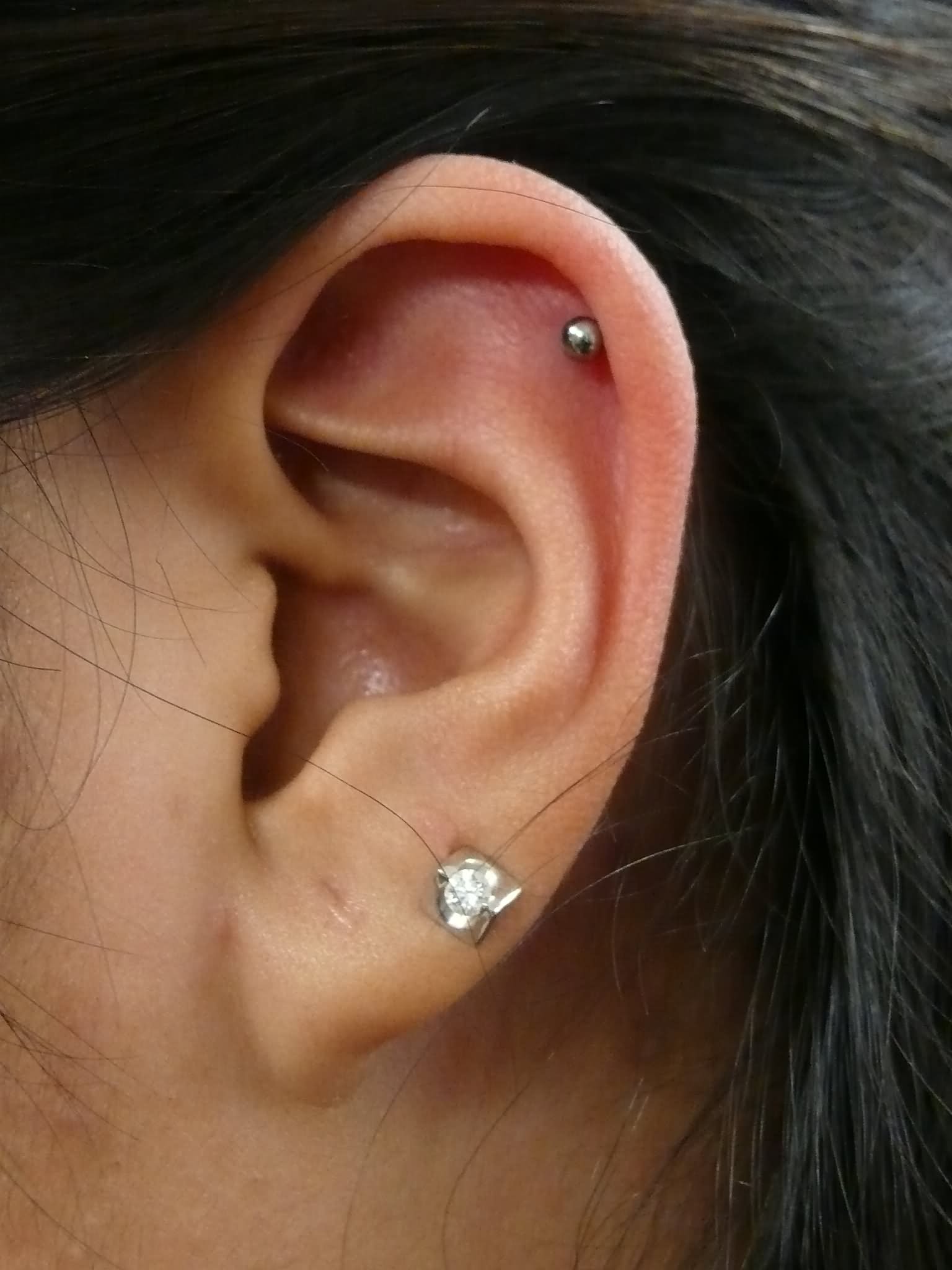 Cute Left Ear Lobe And Helix Piercing