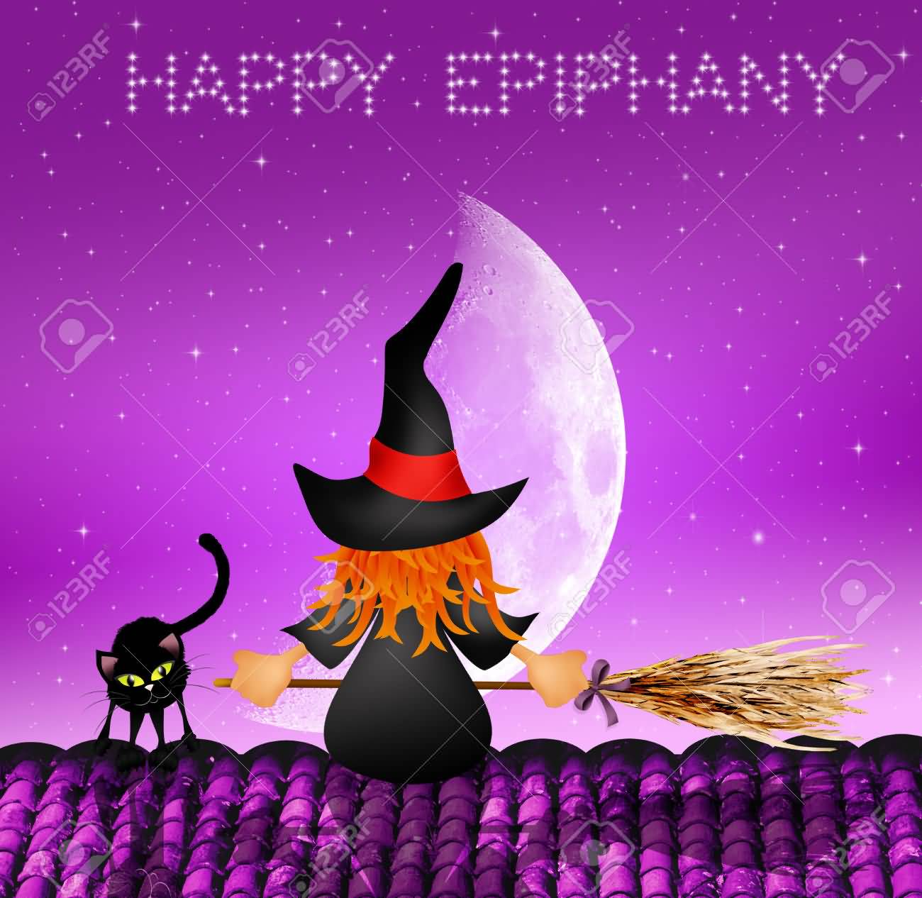 Happy Epiphany Witch With Broom Stick And Black Cat Illustration